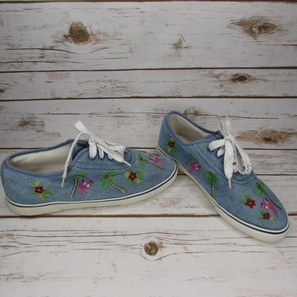 Denim Sneakers Embroidered Flamingos Palm Trees 8 Sebastino Casual Shoes - Picture 2 of 8